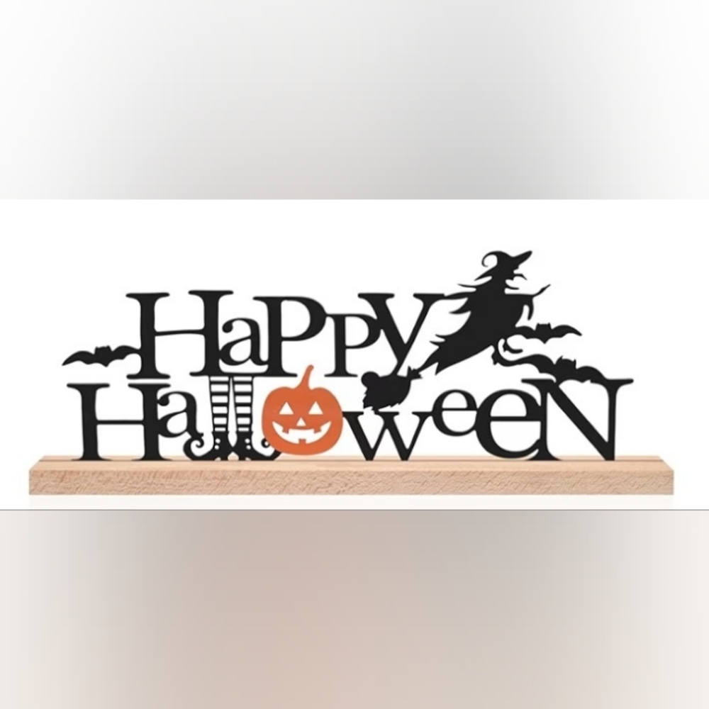 "Happy Halloween" Metal Desk Sign With Wooden Stand, New